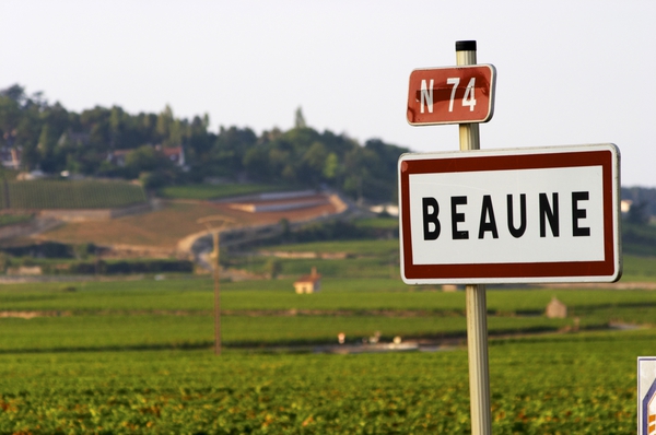 En vägskylt i vingården nära Beaune