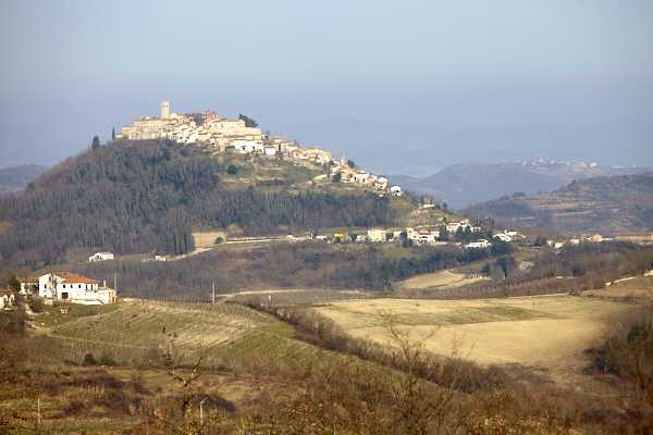 Utsikt över dalen, vingårdar och en by på bergstoppen