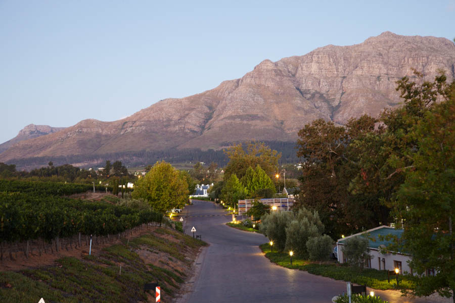 Solnedgång över bergen och vingårdarna i Stellenbosch