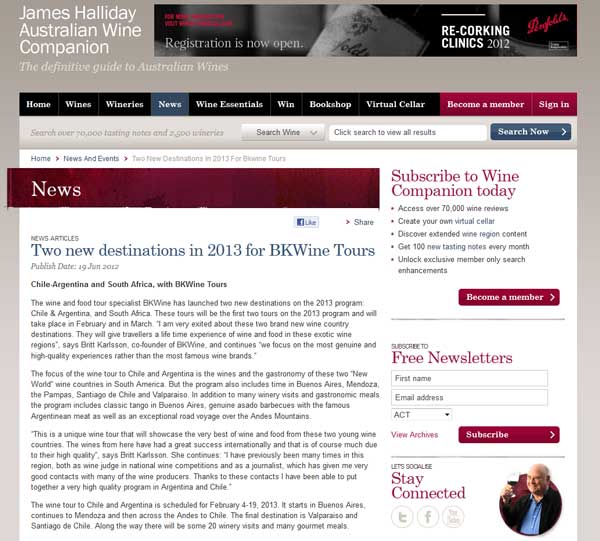 James Halliday's Wine companion skriver om BKWines vinresor