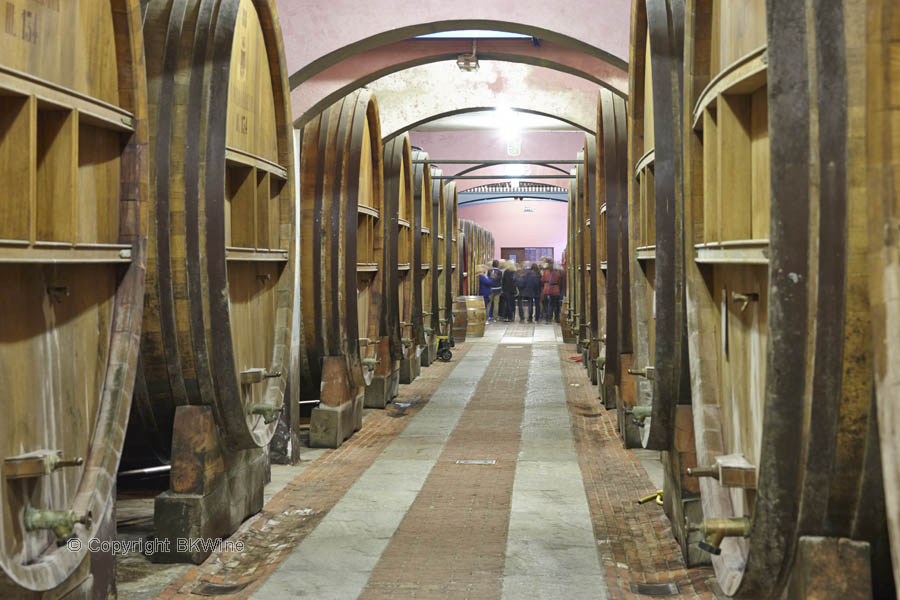 Stora gamla träfat i en vinkällare i Piemonte