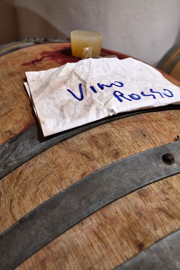 Ett ekfat med ”vino rosso” i en källare i Le Marche
