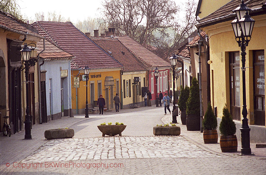 Huvudgatan i byn Tokaj med färgglada hus