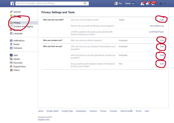 Facebook Settings (inställningar), Privacy
