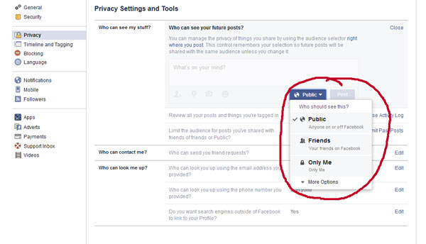 Facebook Settings (inställningar), synlighet