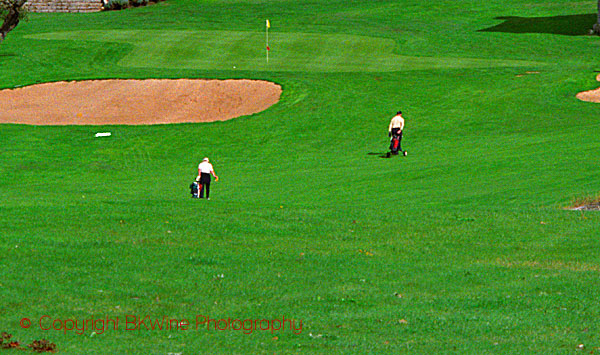 Två golfare närmar sig greenen