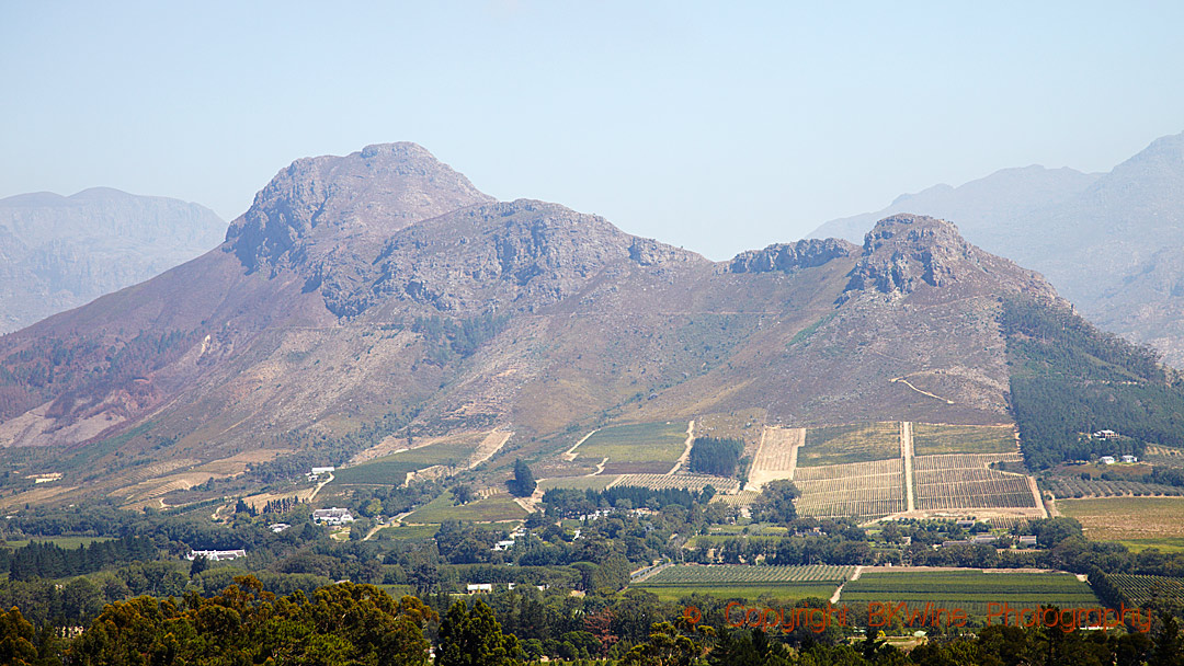 Vingårdar och berg i Franschhoek i Sydafrika