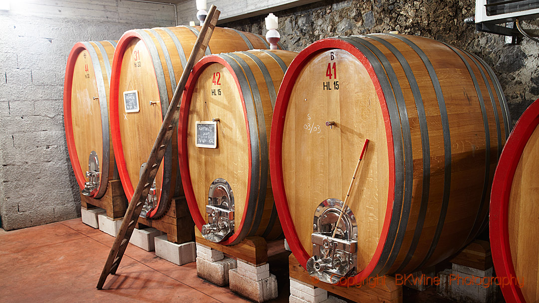 Botti, stora fat, i en vinkällare på Etna, Sicilien