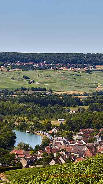 En by och vingårdar längs med floden Marne i Champagne