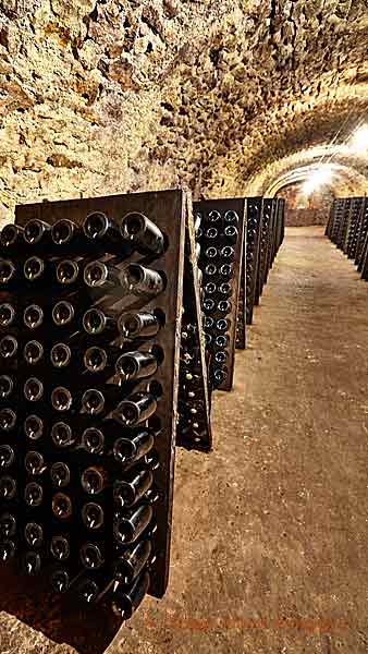 Flaskor i pupitres i en utgrävd källargång i Champagne