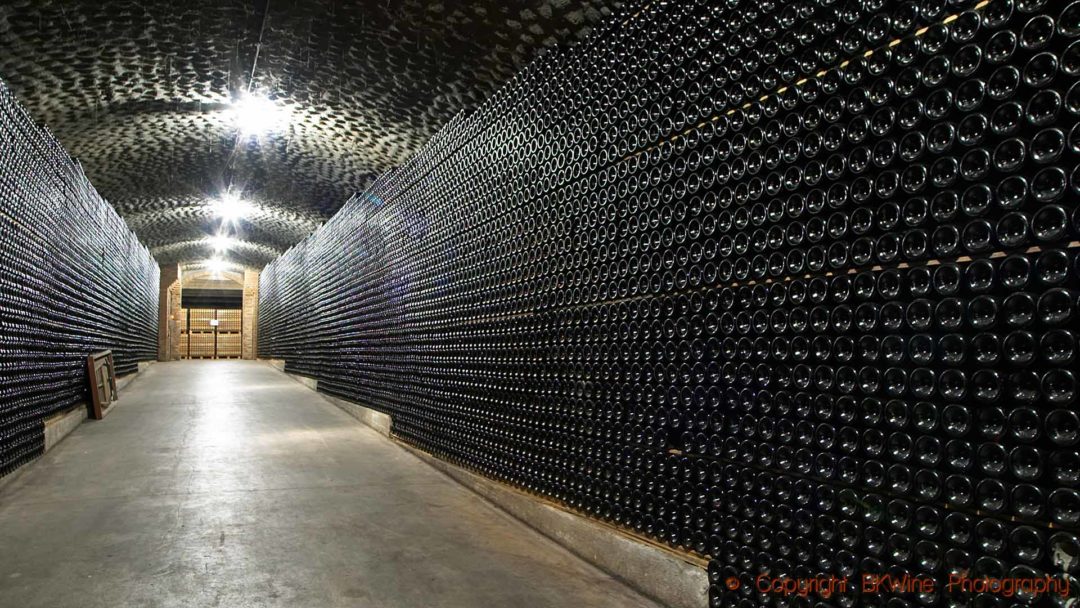 Tusentals flaskor mousserande cava staplade i källaren