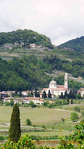 Landskap i Valpolicella, Veneto, med vingårdar och en kyrka