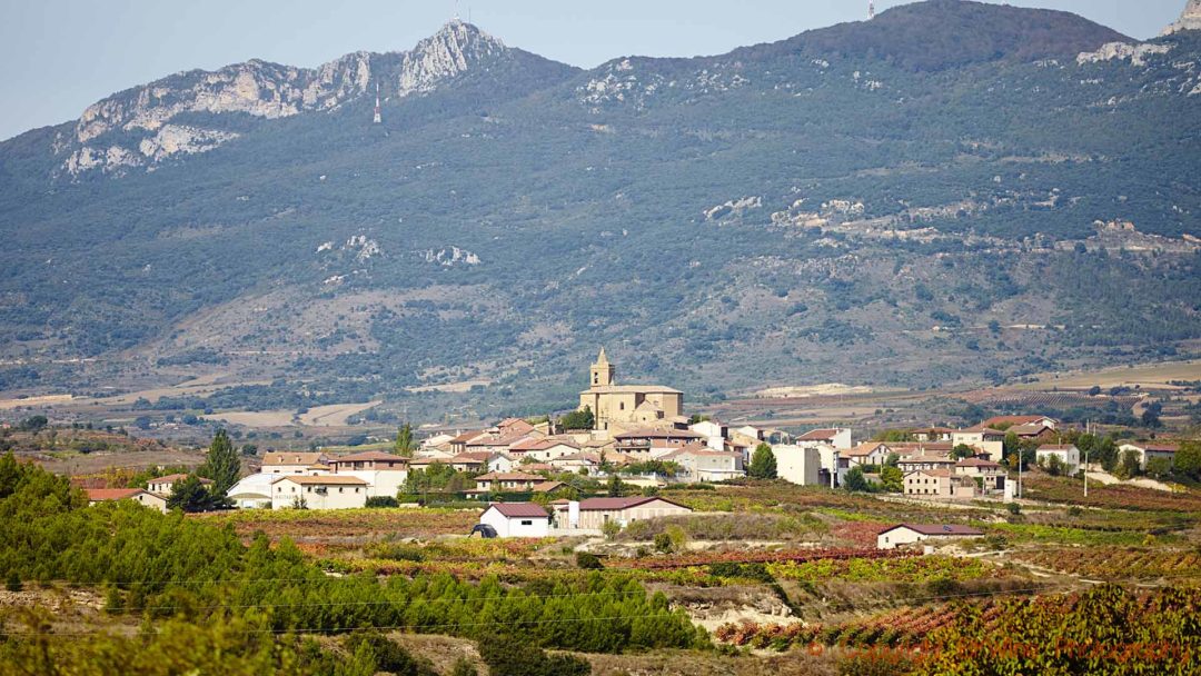 En liten by bland vingårdarna i Rioja med Kantabriska Bergen i bakgrunden