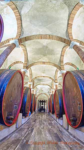 En vinkällare med botti, de stora toscanska vinfaten