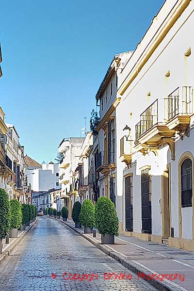 En gata i Jerez de la Frontera, Andalusien, med vitkalkade hus