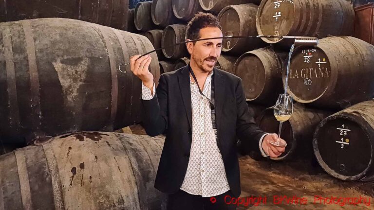 En “venenciador” fyller ett glas med sherry med en ”venencia” i en källare fylld med fat i sherry-distriktet